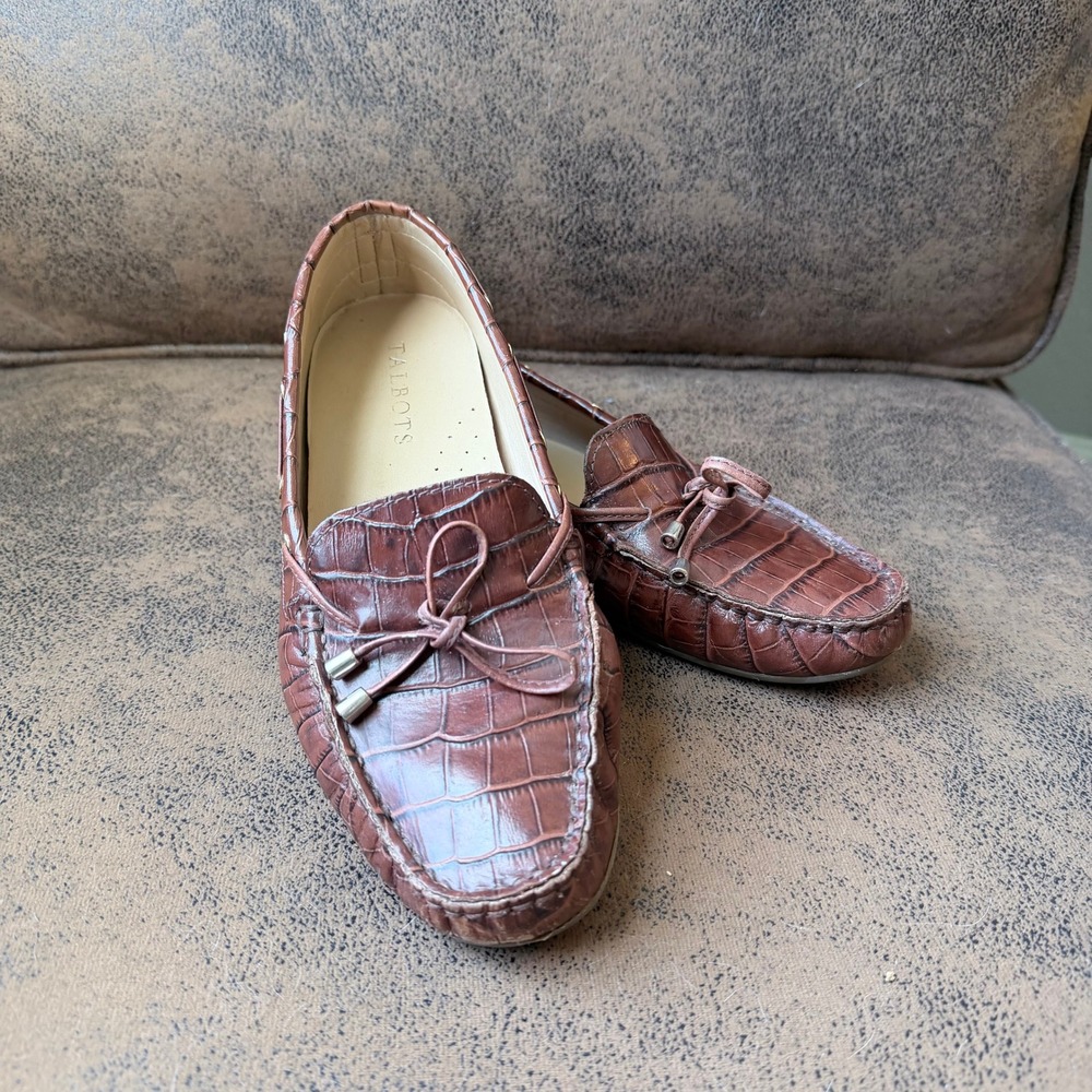 CTalbots Brown Croc Embossed Leather Driving Loafers Classic Womens 8M - Picture 2 of 7